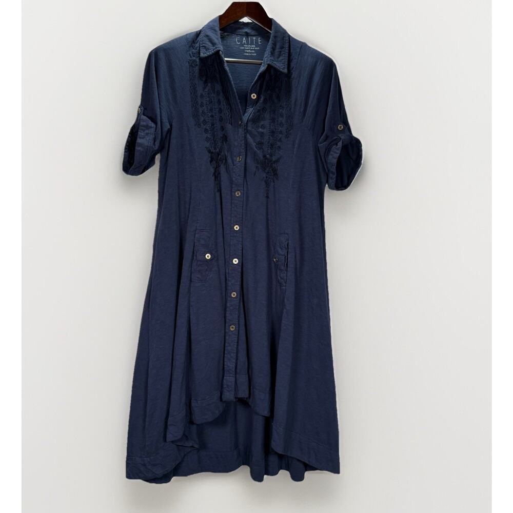 Caite Shirt Dress Blue Embroidered Roll Tab Sleeve Button Women's Size Medium M